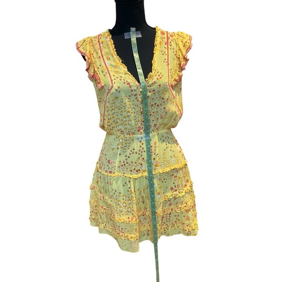 Poupette St Barth Mini Yellow Floral Sun Summer Dress XS V-neck Ruffle - Picture 3 of 13